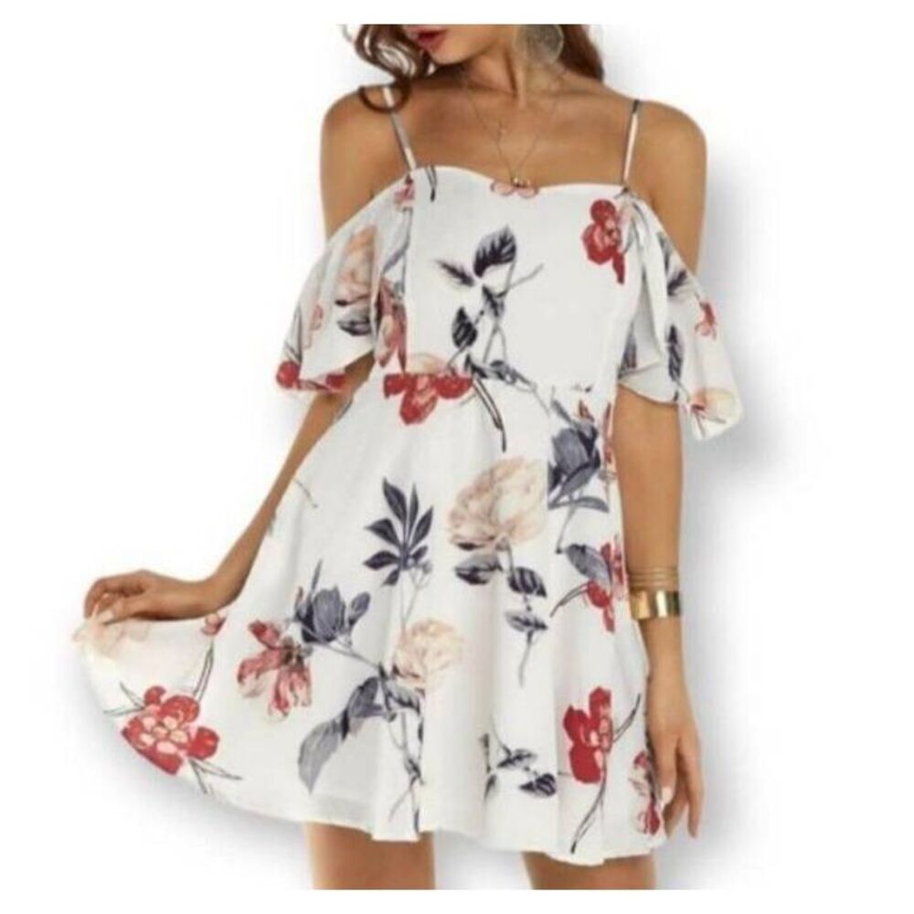 SUCREFAS WHITE & PINK FLORAL COLD SHOULDER DRESS SZ.S EUC.